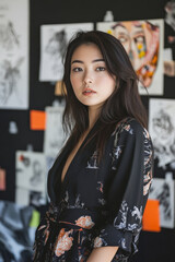 Young adult Japanese female fashion designer standing by her design board, showcasing her creativity amidst sketches and fabrics, with a stylish black background.