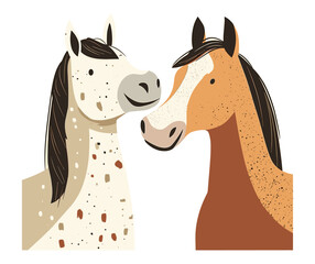 Illustration of two smiling horses, one spotted and one brown. Cute cartoon style drawing isolated on a white background. Design for posters, greeting cards, and children’s prints.