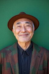 Cheerful senior Japanese man, softly smiling with a hat, green background, reflecting calmness and warmth, ideal for a social media avatar.