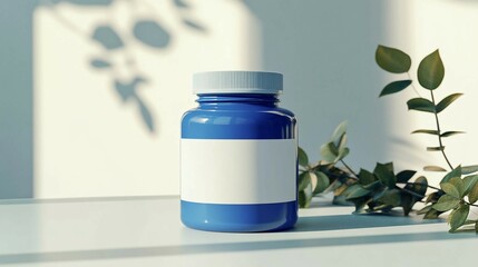 Blue container with white label on a bright surface next to leaves. Natural light setting.