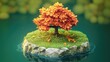 © BloomArt - A miniature island with a vibrant orange tree, grass, and rocks floating on a teal blue body of water