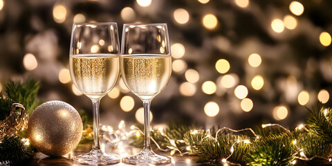 two glasses of champagne are on the table. new year atmosphere. festive atmosphere. champagne on Christmas Eve. bokeh background