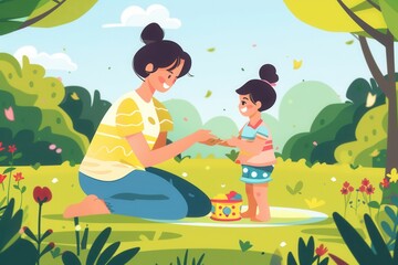 A mother and her toddler engage in playful activities on a sunny day in a vibrant park filled with greenery and flowers. Generative AI