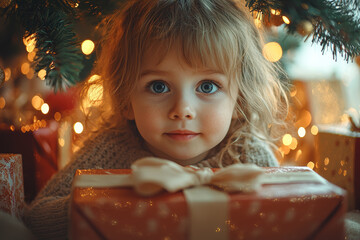 Poster - A child opening presents under the tree on Christmas morning, their face filled with excitement. Concept of happiness.