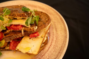 A close-up shot of a delicious sandwich filled with creamy hummus, tofu, crisp pepper, and fresh iceberg lettuce. Perfect for food blogs, menus, or showcasing healthy, plant-based dishes in detail.