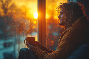 Wall Mural - a person holding a hot cup of coffee, sitting by a window, watching the sunrise with a peaceful smil