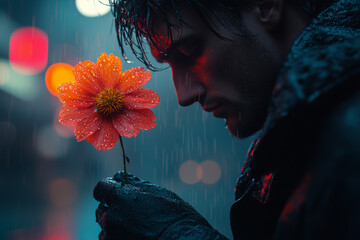 Wall Mural - A man holding a single flower, standing in the rain with a sorrowful look, waiting for someone who never arrives. Concept of heartbreak.