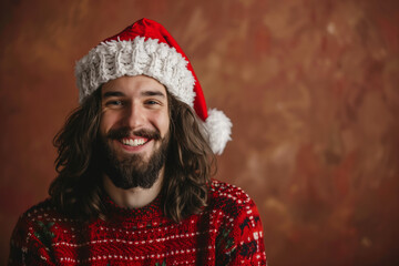 Jesus Christ with a Santa hat smiling joyfully wearing a Christmas sweater, sharing the festive spirit of the holiday season