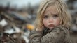 © TEERAPONG - A young girl with big blue eyes in a cozy knitted sweater, standing outdoors on a cloudy day, rural backdrop, soft natural light, peaceful mood, winter atmosphere, commercial, portrait