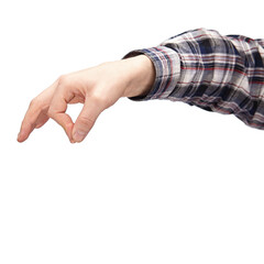 a hand on a white background, shows a gesture of something small or miniature isolate