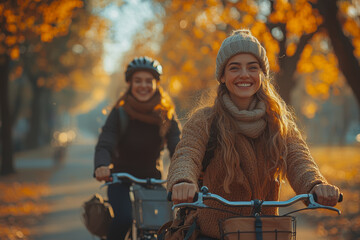 Wall Mural - A couple riding bicycles together through a park, smiling and enjoying each other's company. Concept of active lifestyle and happiness.