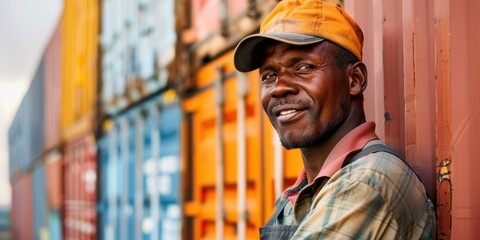 Logistics and transportation with a man working on a commercial dock. Focus on delivery, freight, and cargo handling in the export and import sector