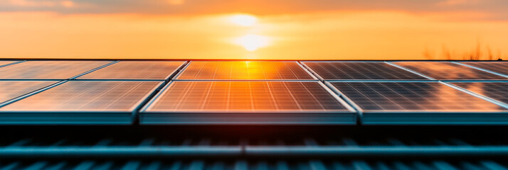 Solar panels capturing the setting sun, a symbol of clean energy.