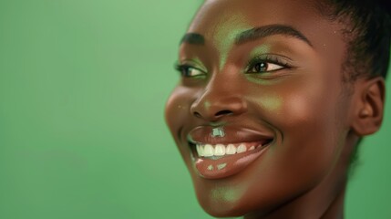 Natural beauty and skincare in a wellness studio featuring a joyful woman with healthy skin and hair on a green background for marketing purposes