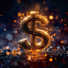 3D dollar sign illuminated with golden sparkles against a dark, glittering background, evoking a luxurious and prosperous mood; perfect for commercial and financial use