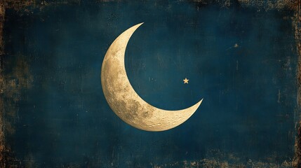 Wall Mural - a crescent moon and a star in a blue sky with a vintage texture.