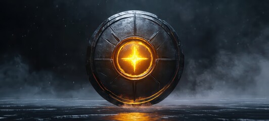 A sleek, modernized fantasy shield with a single glowing rune in the center