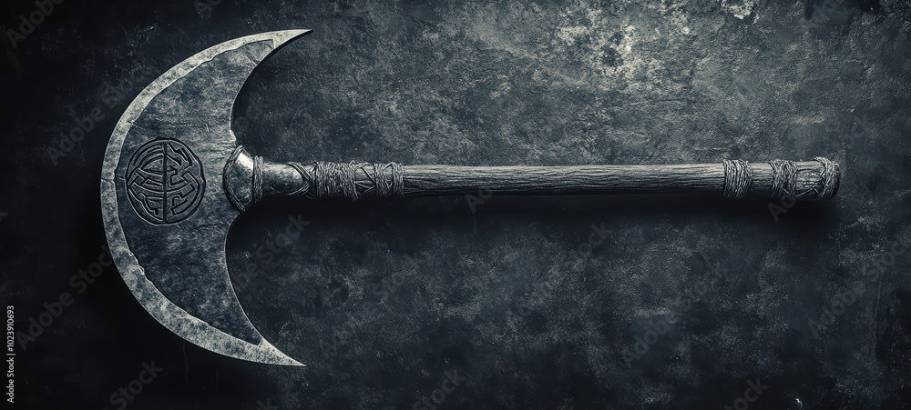 A stylized, minimalist battle axe with a crescent-shaped blade and a ...