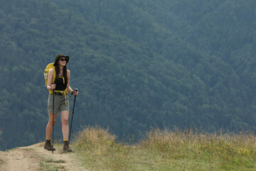 Wall Mural - Young hiker with backpack and trekking poles in mountains, space for text