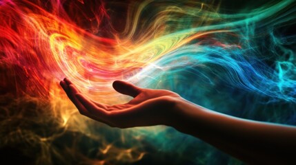 A hand outstretched, holding colorful smoke like a swirling vortex of energy.