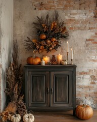 Wall Mural - decorative cabinet with dark pumpkins cones and candles against a light brick wall