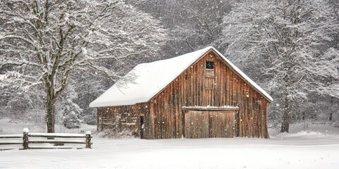 Poster - farmhouse barn covered in winter snow