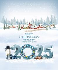 Poster - Merry Christmas and Happy New Year holiday background with colorful gift boxes and garland. Vector.