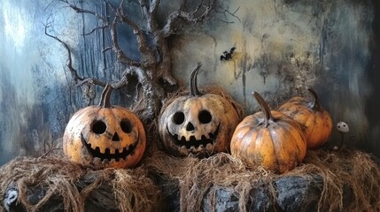 Canvas Print - Spooky Halloween decoration with pumpkins