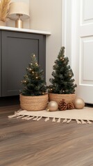 Small Christmas trees adorned with lights and garlands sit in wicker baskets beside an elegant bedside lamp. A decorative chest and natural light create a warm atmosphere in the room