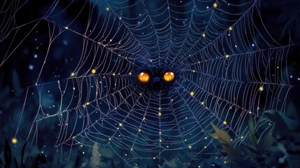 A spider with glowing eyes trapped in its own web