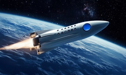 Wall Mural - a white rocket is flying through space with a blue window