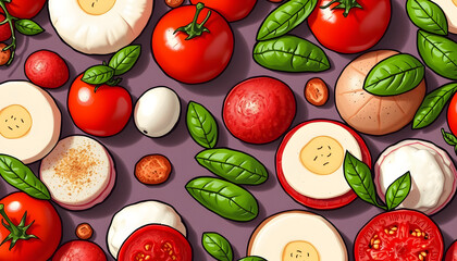 Colorful caprese ingredients pattern isolated with white highlights, png