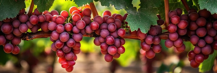 red grapes growing on grapevine, vineyard background 