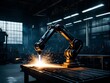 © NASSRI - Generative AI illustration of robotic arm welding with glowing light in empty dark room in industrial building of innovation factory, technology metalwork equipment  fabricate industrial metal process