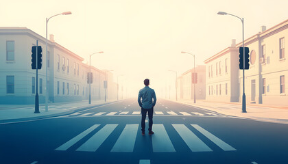 Man standing in street crossroad, modern flat gradient illustration for psychology guidance or career path concept. Lost person stuck between two decisions, business opportunity or life choice idea 