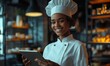 © Александр Михайлюк - A woman in a chef's hat is smiling and holding a tablet