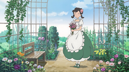 A young woman in a green dress and white apron holds flowers in a garden, evoking a sense of spring and innocence. 
