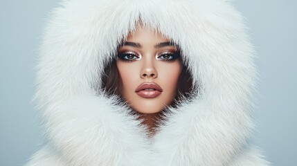 A striking portrait of a woman in a fluffy white hood, featuring glamorous makeup and captivating gaze against a soft, light background.