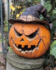 Wall Mural - halloween themed street decor featuring a pumpkin with a hat and carved facial expression