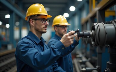 Two engineers in hard hats and safety glasses inspecting and in an industrial plant.
