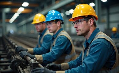  engineers in hard hats and safety glasses inspecting and in an industrial plant.
