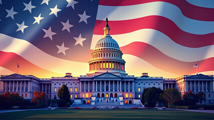 US Capitol Building with American Flag Overlay Representing Patriotism