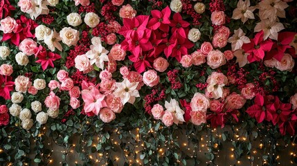 Sticker - A vibrant arrangement of roses, poinsettias, and greenery creates a stunning backdrop, illuminated by soft twinkling lights, perfect for a holiday celebration