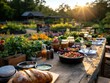 © DachAI - A rustic outdoor dinner scene at sunset with a wooden table set with assorted breads, fresh vegetables, various sauces, and plants for a fresh dining experience.