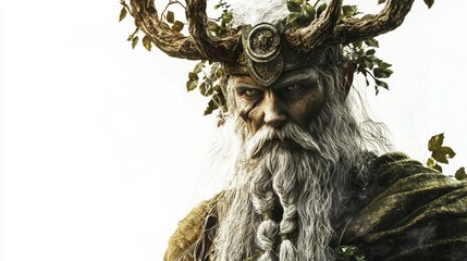 Wall Mural - striking representation of the Scandinavian god Hel featuring impressive antlers and a majestic beard surrounded by foliage all depicted on a clean white backdrop.