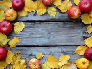 Wall Mural - Autumn scene featuring yellow leaves red apples and pumpkins arranged on rustic wood with empty space for text ideal for seasonal promotions and holiday greetings