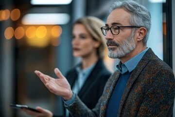 An elderly man with gray hair passionately discusses health plans while a young woman listens intently in a modern office setting