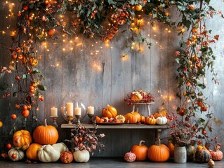 Canvas Print - Autumn Harvest and Festive Decorations with Pumpkins and Garlands