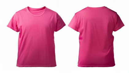 Pink t shirt mockup, front and back view on white background