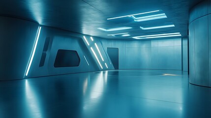 2. An immersive sci-fi interior scene showcasing an empty room with a modern cement floor and illuminated walls, designed to highlight technology and innovative product displays in a futuristic